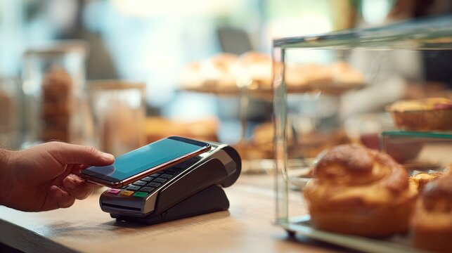 Hand holding smartphone near card reader at bakery counter.