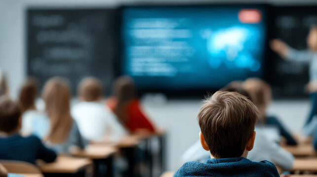 A classroom scene showing a student attentively listening to a teacher presenting a lesson on a digital screen.