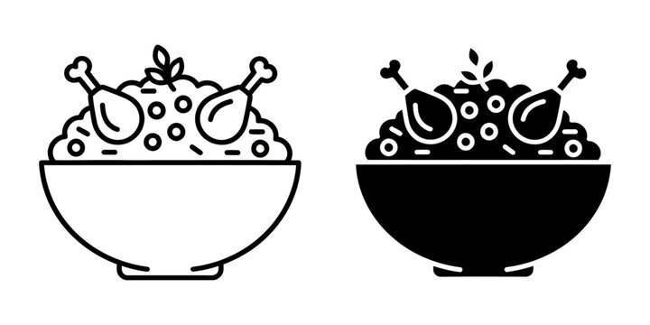 Chicken biryani bowl with drumsticks and peas outline and silhouette icon set for indian cuisine menu design traditional middle eastern meat and rice dish illustration for restaurant branding art.