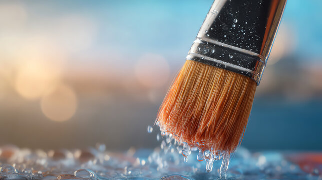 A close-up of a paintbrush dabbing in water, capturing creativity and artistry. Perfect for showcasing artistic passions.