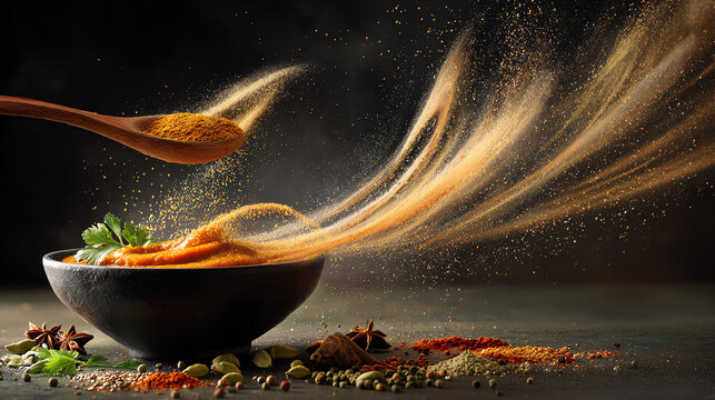 A dynamic shot of spices cascading into a bowl, showcasing vibrant colors and textures that enhance culinary creations.
