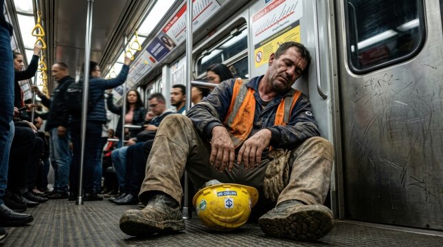 Tired worker rests on subway train after long day of labor.