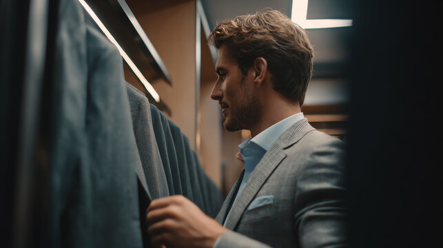 A stylish man choosing a suit in a modern wardrobe, reflecting confidence and professionalism in a fashion retail environment.