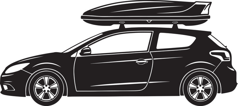 Black silhouette of a two-door hatchback car with a roof cargo box, side view, on a white background, also transparent background