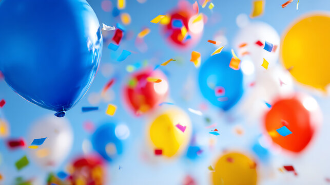 Colorful balloons and confetti float in a bright blue sky, perfect for celebrations and joyful events.