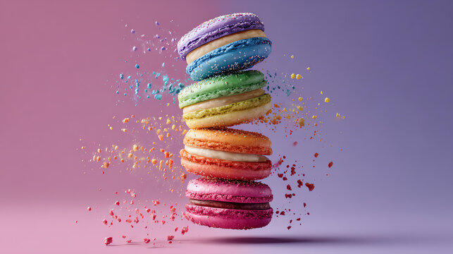 Colorful macarons stack with playful sprinkles on a vibrant background, perfect for dessert lovers and bakery themes.