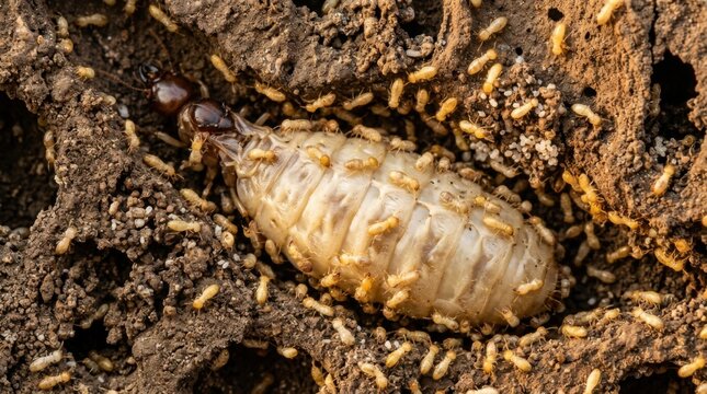 Close-up of termite queen surrounded by worker termites in nest.