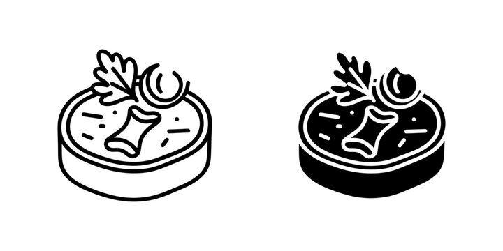 Liver pate or terrine dish icon set featuring circular meat spread with parsley garnish and olive slice in line and silhouette styles for gourmet food menu and culinary recipe presentation art.