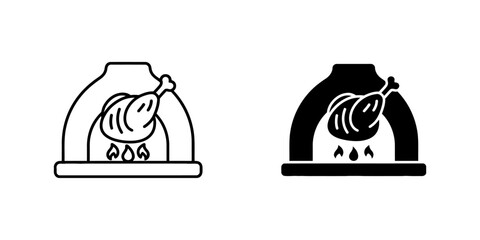 Traditional oven with roasted chicken line and solid icon set featuring poultry leg in stone furnace with fire for restaurant menu design web element graphic illustration isolated on white b. © Onik Studio