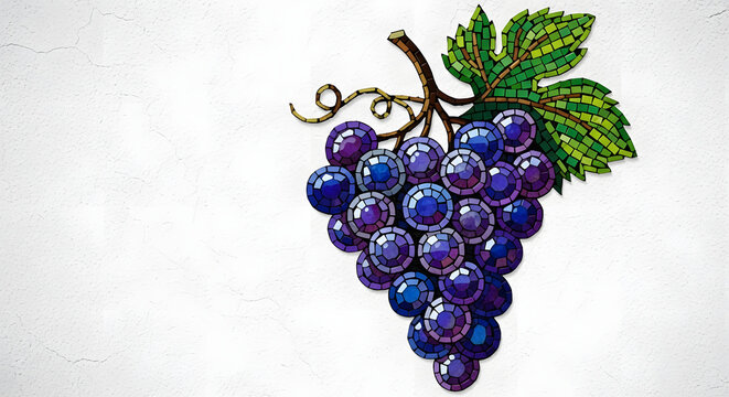 Elegant purple grape bunch mosaic on white cracked wall background. Artistic ceramic tile craft for wine and food design. AI generated.
