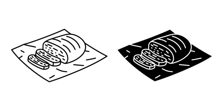 Sliced brisket or bread loaf icon on serving paper displayed in line art and solid black styles for delicatessen branding butcher shop signage and traditional bakery product marketing campaigns.