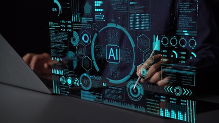 Fototapeta premium AI Assistant Brain Processor with LLM Technology, Big Data, Machine Learning, Generative AI for Business Support, Future Agentic AI Technology and Artificial Intelligence Prompt Engineering. Thunk