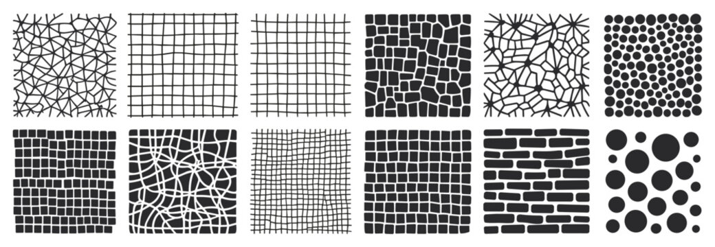 Set of twelve hand drawn square patterns featuring geometric grids cobblestone textures organic cellular shapes and varying sizes of black circles on a white background