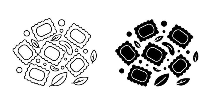 Ravioli pasta with basil leaves and spices line and silhouette vector icons set isolated italian dumplings illustration for organic food menu design and mediterranean cooking recipe book graphics.