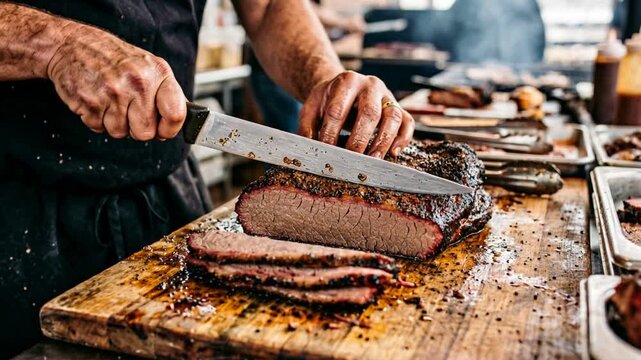 pitmaster cutting texas style brisket for barbecue preparation close up food shot video