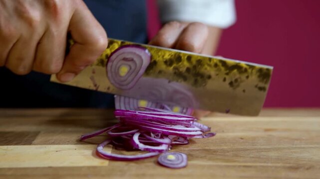 Close up of a chef chopping a red onion with a cleaver on a wooden board
