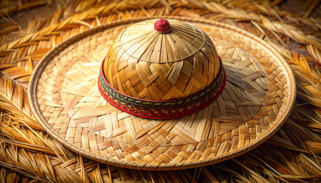 Close up of traditional woven hat on woven base for cultural design