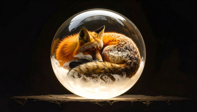 Fox sleeping inside a glass sphere