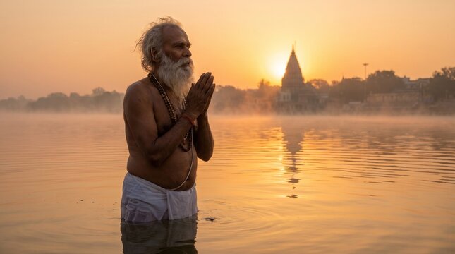 Ganga Dussehra, an old man in white dhoti standing in the river water with his hands raised in prayer, Ai generated images