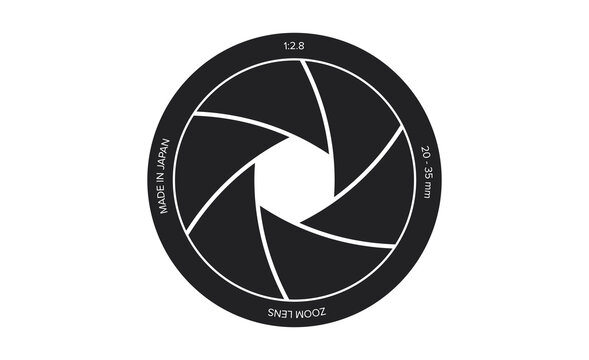 Minimalist camera aperture shutter symbol with zoom lens technical text isolated on transparent background.