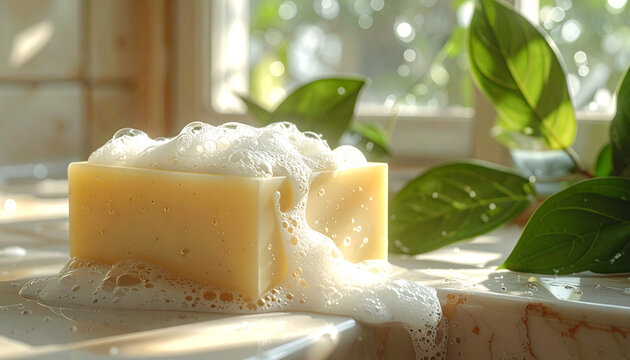 Soap bar with bubbles and greenery