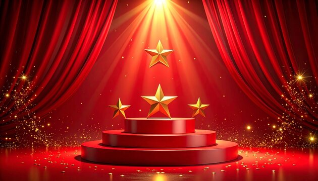 Golden stars podium red stage spotlight celebratory award ceremony
