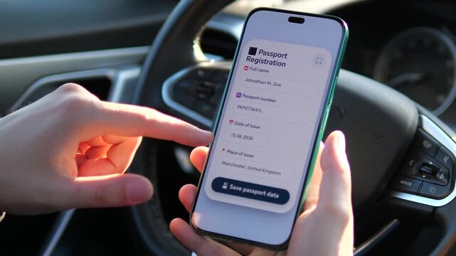 Modernize identity verification with this digital passport registration app. User enters ID data on a smartphone inside a car. Perfect for videos about e-governance, digital ID systems, and innovative
