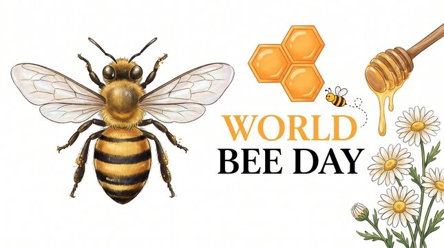 Vintage World Bee Day illustration, honeybee and honeycomb with flowers, golden watercolor nature poster design isolated PNG with Transparent