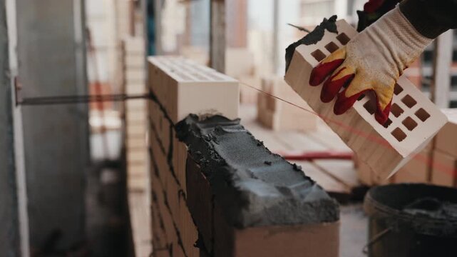 Worker placing hollow brick onto mortar during wall construction