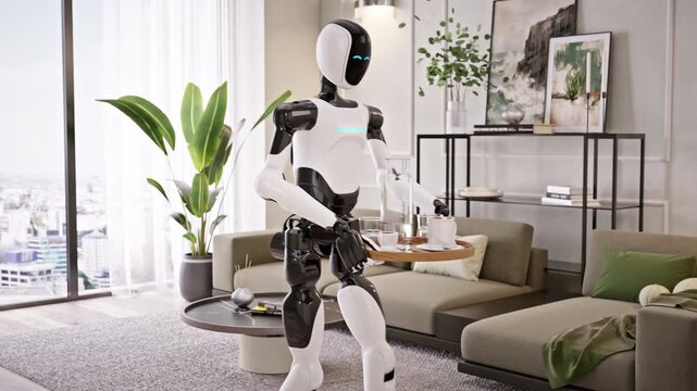 AI-powered Humanoid Robot walks with a tray of dirty dishes across a modern living room, cleans apartment or house. Smart home automation, futuristic housekeeping technology. 3d animation rendering
