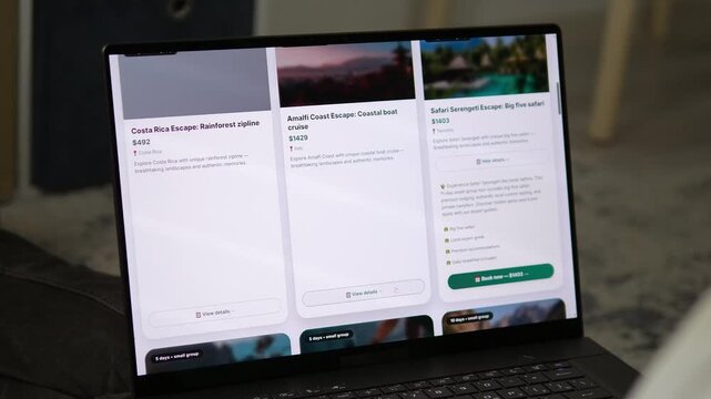 Explore a sleek travel booking website on a laptop. High-quality UI or UX showcase of interactive tour cards for Bali and Amalfi. Perfect for tech, e-commerce, and modern lifestyle content. Detailed
