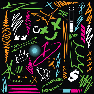 rapper hiphop street art graffiti tag doodle brush paint stroke set for tshirt design template, 2d illustration vector, icon logo collection