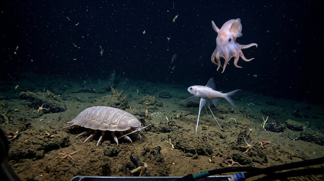 A unique gathering of deep-sea marine life, including a large giant isopod, a translucent fish, and an elegant octopus, exploring the dark, mysterious ocean floor in a captivating underwater scene