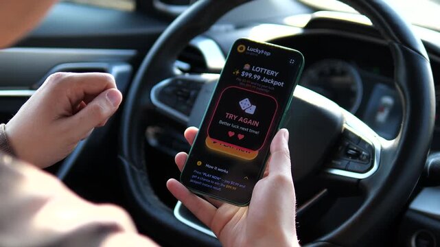 A person experiences instant loss on a gambling smartphone app. POV shot of a mobile jackpot game ending in disappointment. Ideal for content about gambling addiction, financial risks, and social