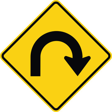 Hairpin Curve Right Yellow Diamond Road Sign Vector Illustration
