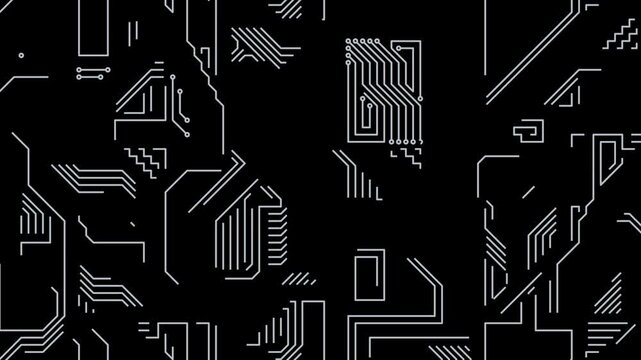 A circuit board pattern of gray lines on a black background.