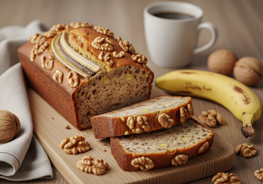 Delicious banana bread with walnuts on a wooden cutting board with a cup of coffee and a banana
