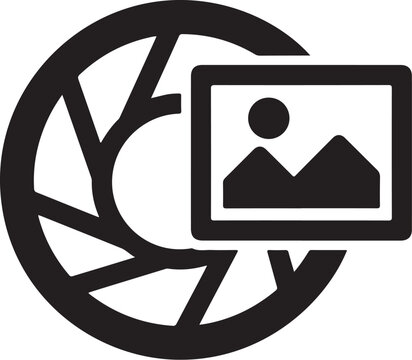 Camera lens, photography icon, black vector graphic, shutter aperture symbol