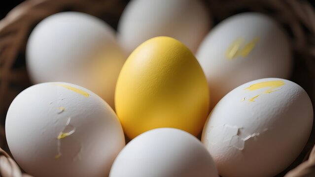 A single yellow egg surrounded by white eggs in a basket.