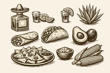 Hand Drawn Vintage Woodcut Style Mexican Food and Drink Collection with Tequila, Agave, Taco, Burrito, Nachos, Avocado, Corn, and Salsa Illustrations for Restaurant Menu and Branding Design