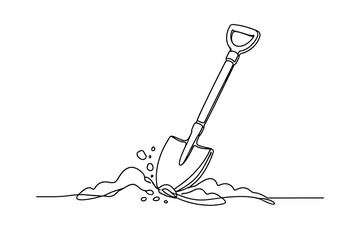 One continuous line art illustration of a shovel digging into the earth for gardening, landscaping, or construction. Minimalist vector design of a spade tool in soil on white background.