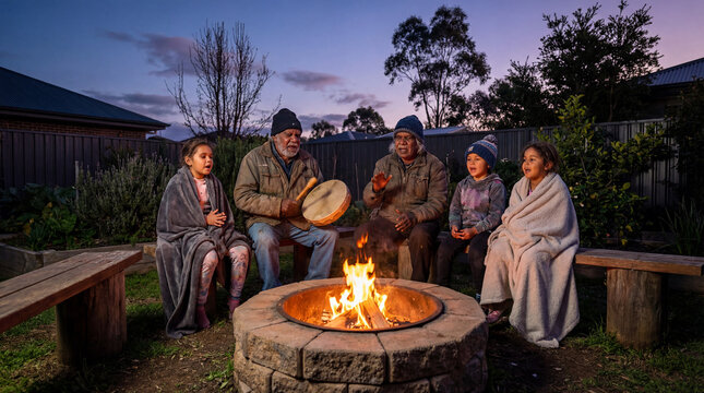 Indigenous elders share songs drumming storytelling beside backyard fire with children wrapped in blankets celebrating heritage family connection cultural continuity community tradition promotion