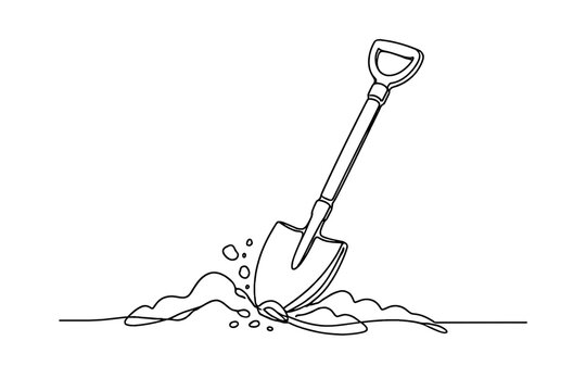 One continuous line art illustration of a shovel digging into the earth for gardening, landscaping, or construction. Minimalist vector design of a spade tool in soil on white background.