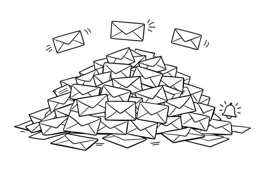 Outline drawing of a large overflowing pile of mail envelopes representing communication backlog, email inbox overload, spam, and excessive correspondence in a minimalist doodle vector style.