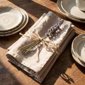 Decorative napkins tied with lavender on wooden table setting