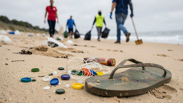 Beach cleanup volunteers collecting trash on sandy shore