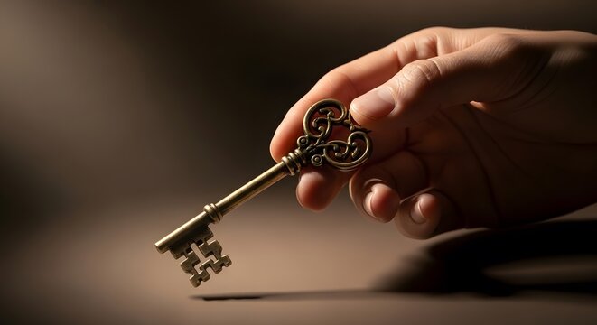 A hand holding an old-fashioned decorative key with a blurred background