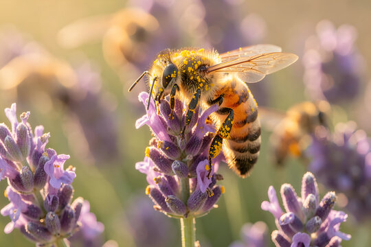 Honeybee collecting pollen from lavender flowers in a garden