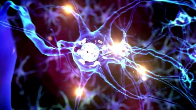 Animation zooming into a human brain showing firing neurons and synapses