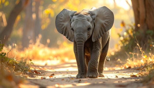 Young elephant walking on a forest path